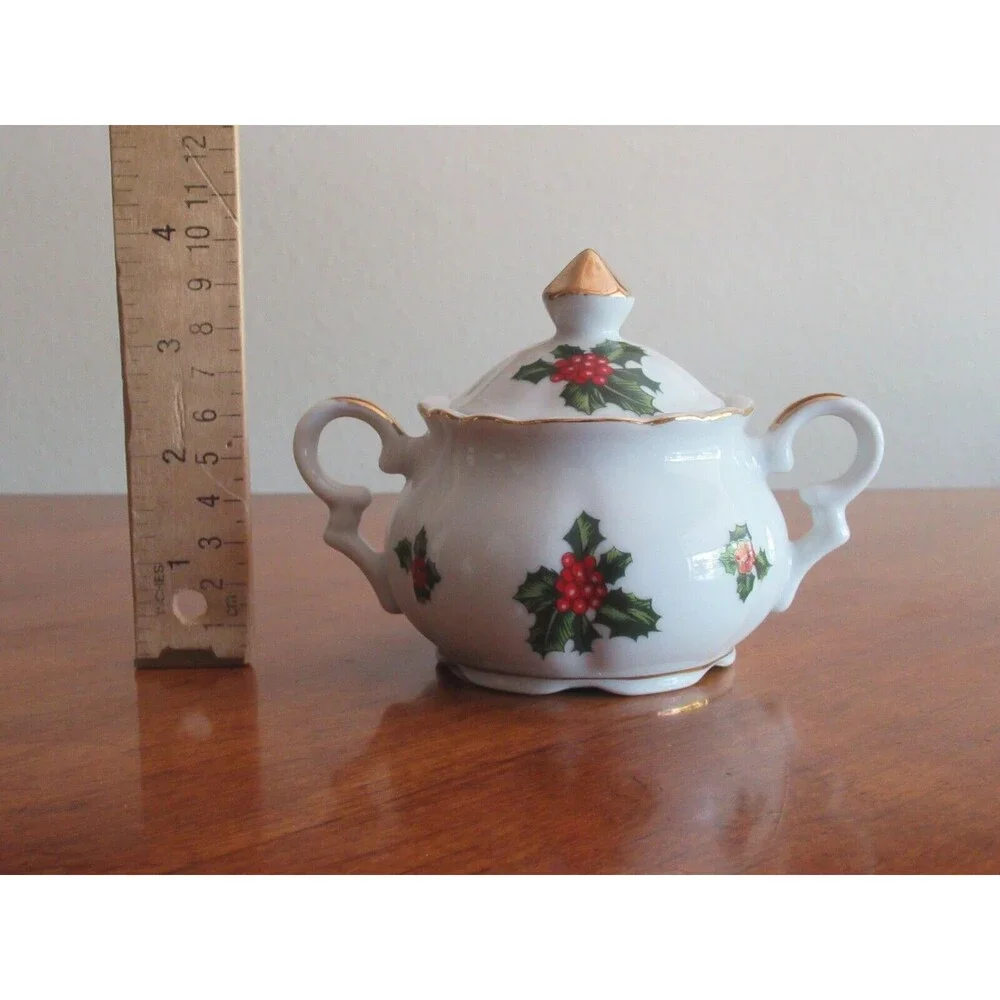Lefton China Christmas Holly Berry Sugar Bowl Lidded Creamer Bud Vase Japan